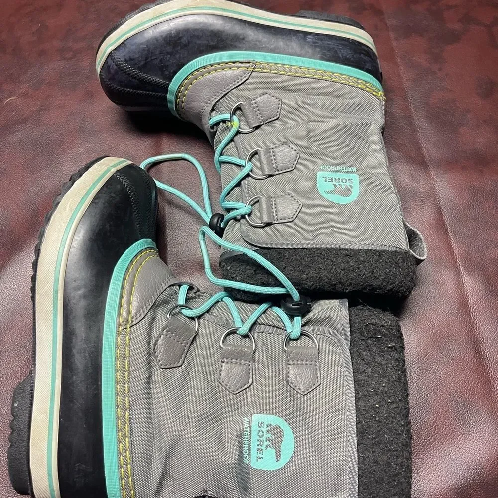 Sorel waterproof gray and turquoise winter boots,‎ size 3